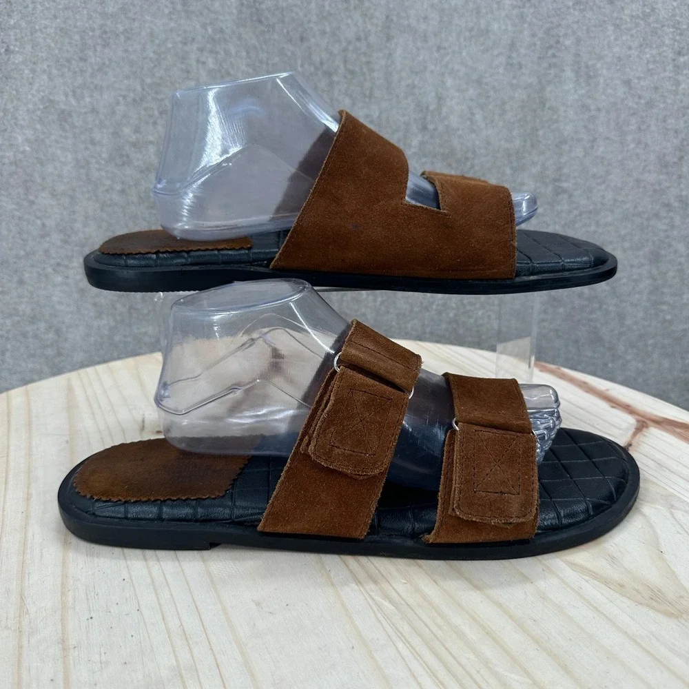 Suede Slide Sandals Mens Size 12 Brown Two Strap Adjustable Casual Leather